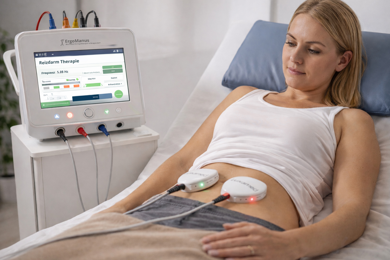 Frau auf einer Behandlungsliege mit Luxxamed-Gerät und Applikatoren am Bauch